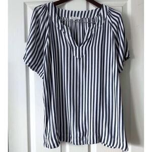 Workshop Republic Clothing Women Blouse XL Blue White Stripe Rayon Short Sleeve